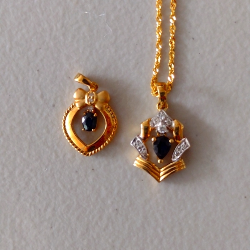 Vintage Style Golden Necklace w/ Dark Blue Gem and Crystal Gemstones